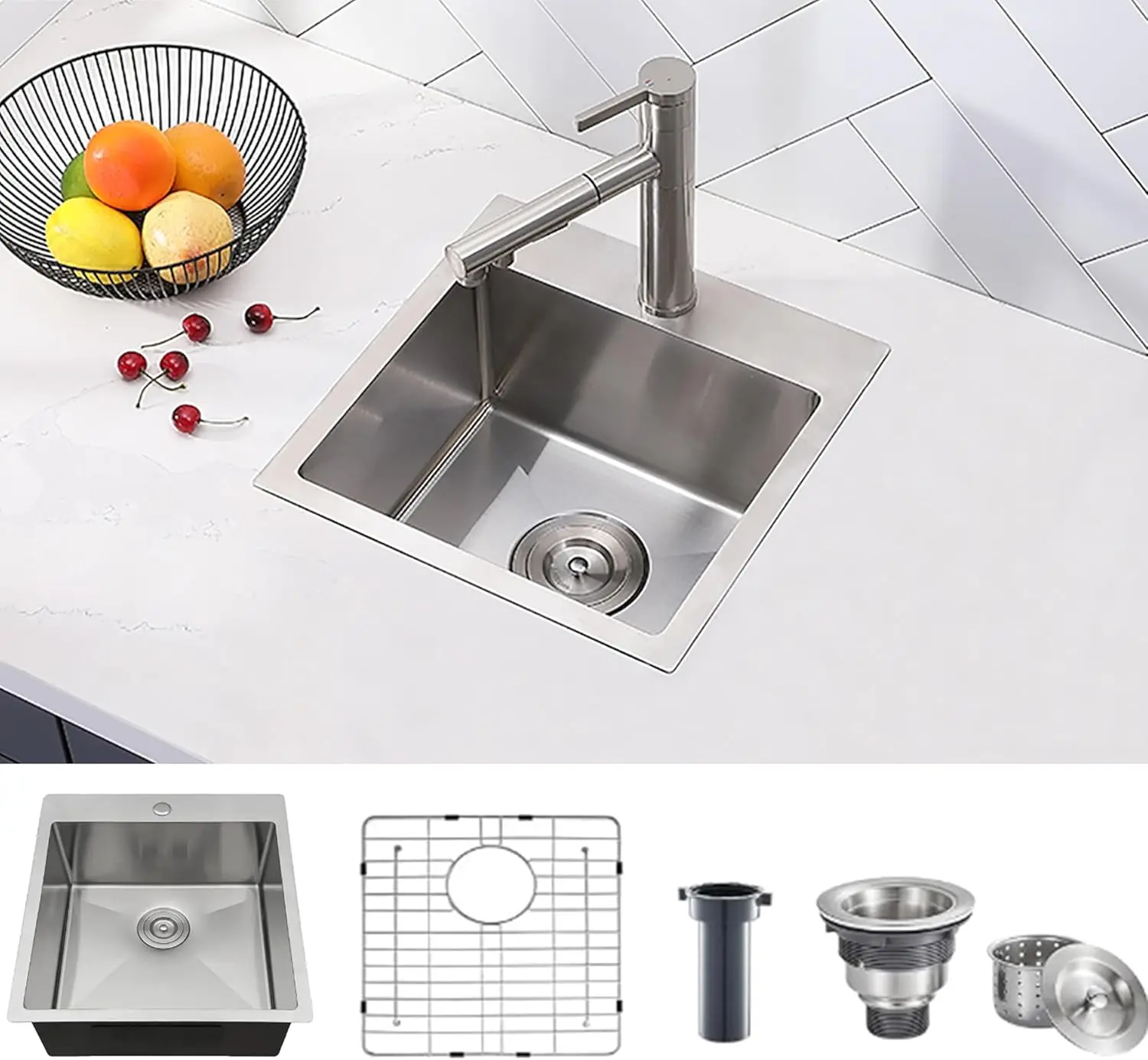 

15x15 Inch Drop In Bar Sink, Small Kitchen Sinks,18 Gauge Stainless Steel, Top Mount,9 Inch Deep, Single Bowl, Brushed N