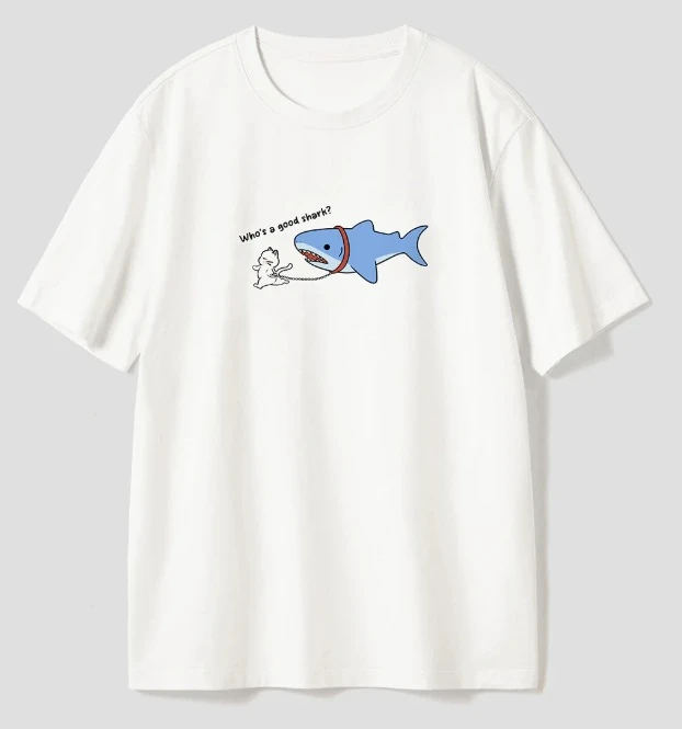 Cute Funny Cat Walking Shark Graphic T-Shirt Casual Tee for Student Women Men Streetwear Top Stylish Versatile Minimalist Simple