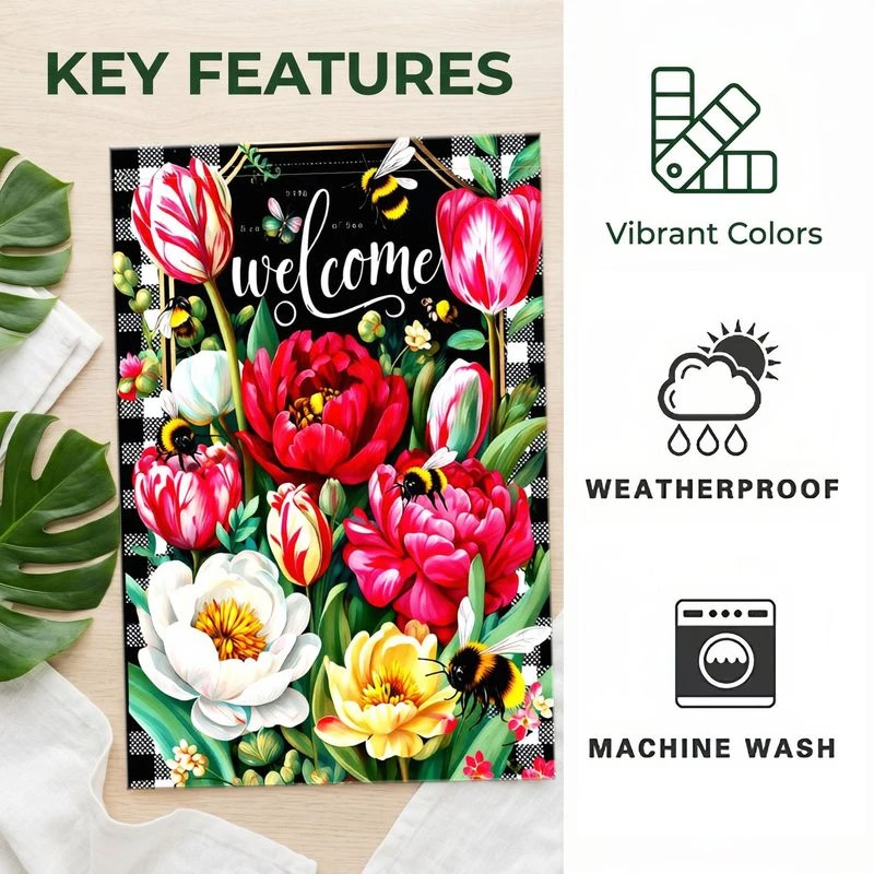 1pc Welcome Spring Floral Garden Flag Buffalo Plaid Tulip Peony Bee Yard Flag Vibrant Color Weatherproof MachineWashable Outdoor