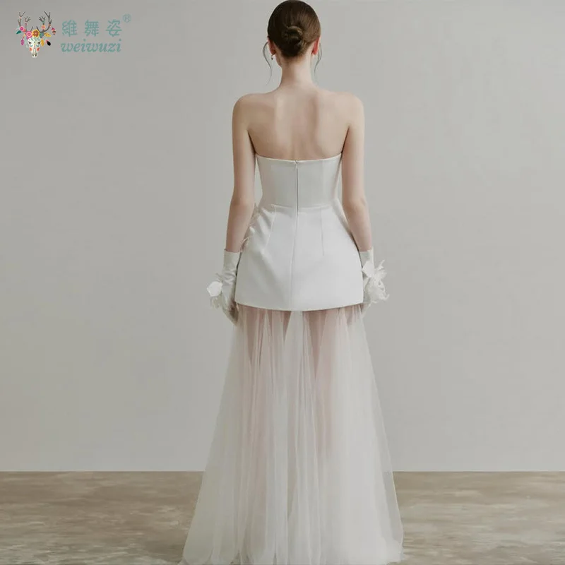 정교한 스트랩리스 입체 데칼 신부 약혼 짧은 드레스 여행 촬영 의상 생일 파티 드레스