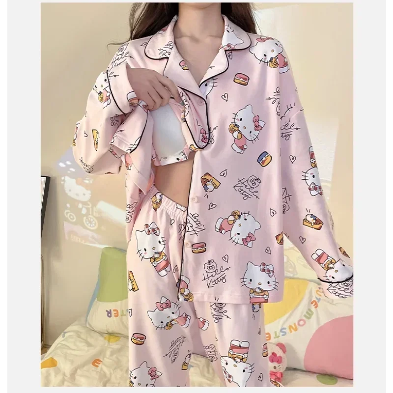 Sanrio Hello Kitty Autumn Ice Silk New Long Sleeve Trousers with Chest Pad Women\'s Pajamas Silk Pajamas Women\'s Loungewear Set