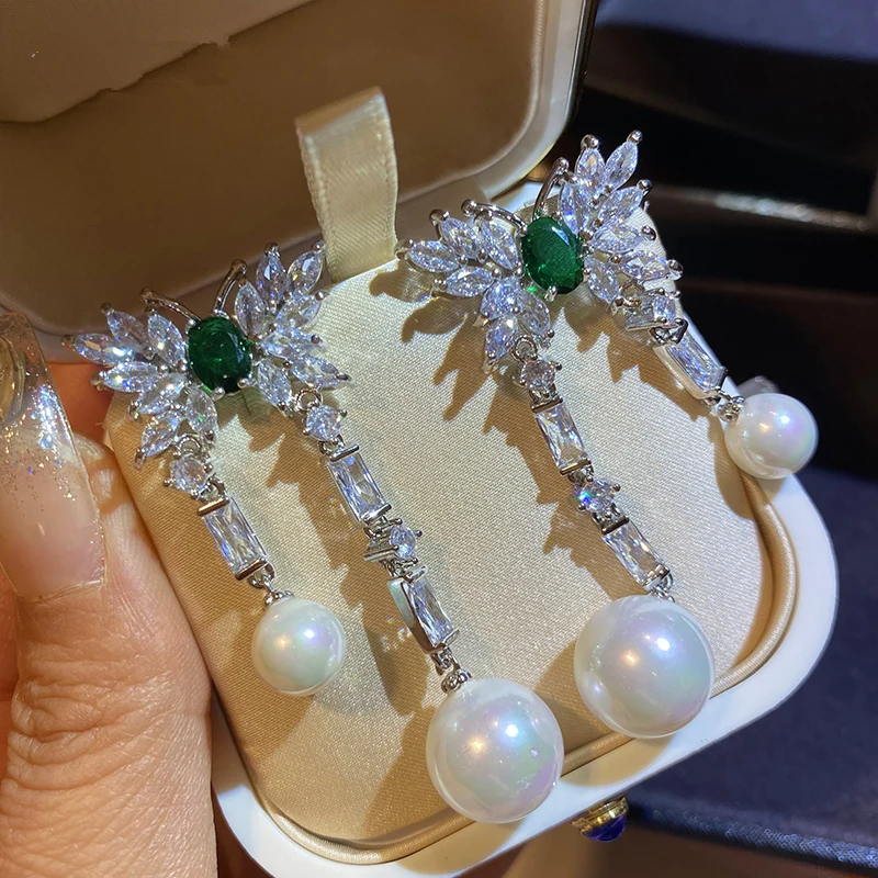 

Stud Drop Earrings For Women Pearl Vintage Jewelry S925 Silver Needle Shine Zirconia Party Fashion Accessories Dangle Earring