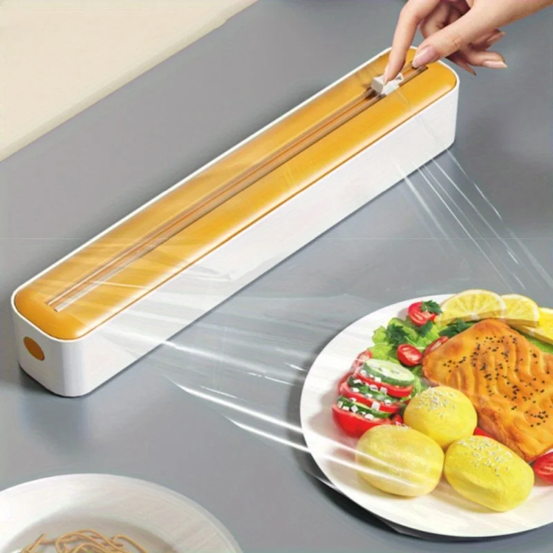 1pc Kitchen Wrap Cutter,  Sliding Blade Cutting Box, Wall-Mounted with Suction Cup, Suitable for Home and Commercial Use