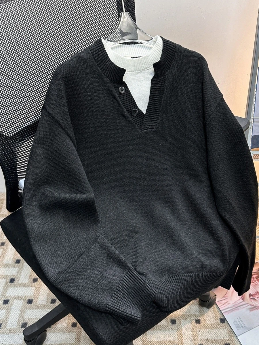 

American Sle Henry Collar Loose Fit Casual Knitwear V-Ne Sweater Men Autumn Winter New Arrival Color Blo Sweater