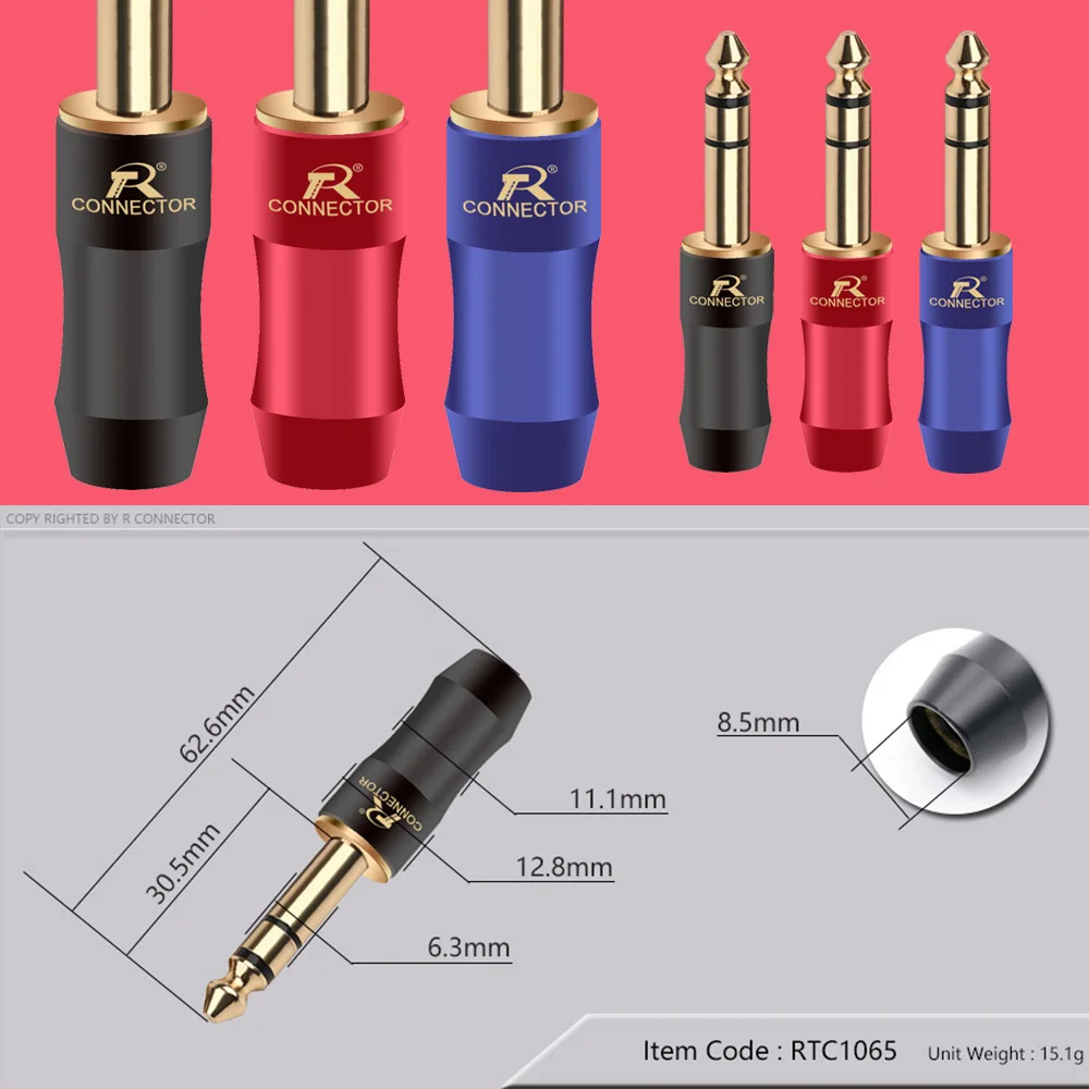 1pc New Arrival Copper Jack 6.35mm Gold-Plated Audio Plug Connector 6.35mm Stereo Plug Assembly Microphone Black&Blue&Red