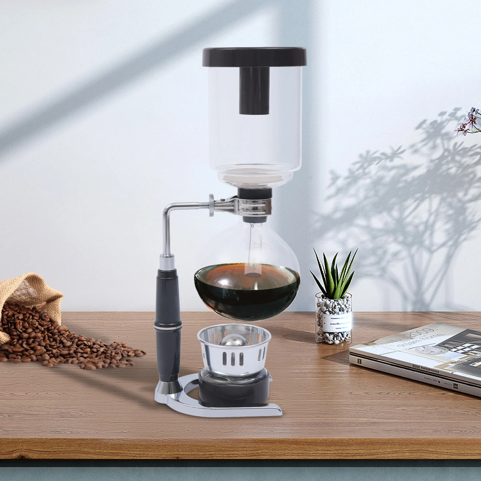 

Стеклянный сифонный кофеварка с подставкой из нержавеющей стали, ручка с защитой от ожогов емкостью 500 мл, элегантный набор для приготовления кофе для домашнего использования