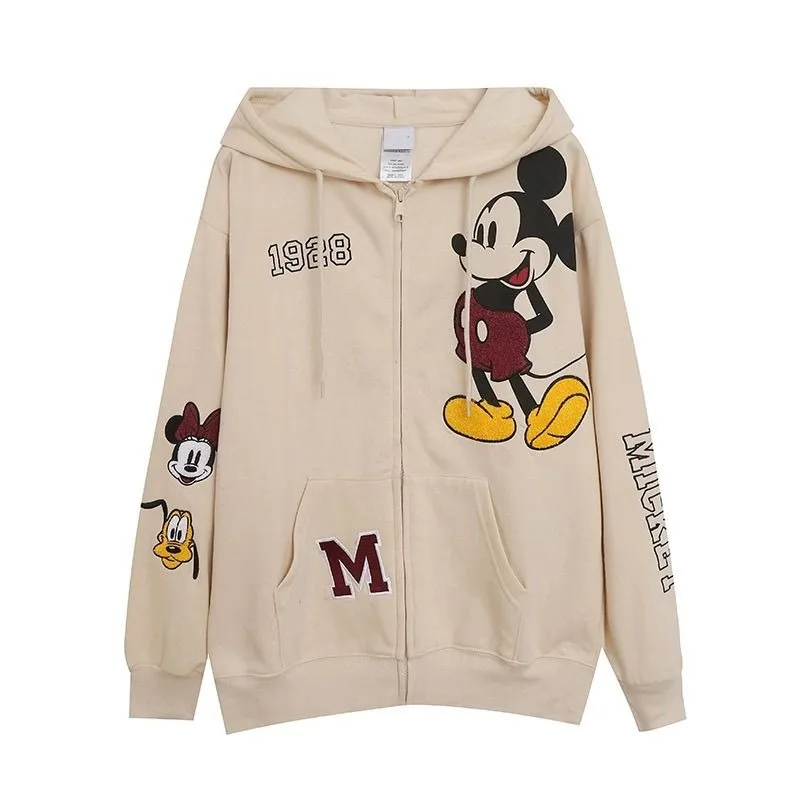 Disney cartoon anime towel embroidery autumn back to school high-looking plus velvet hooded casual cardigan sweatshirt jacket