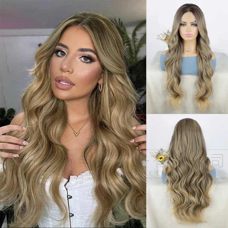 European and American style gradient wavy long hair , lace front 13*4 synthetic fiber wig for women
