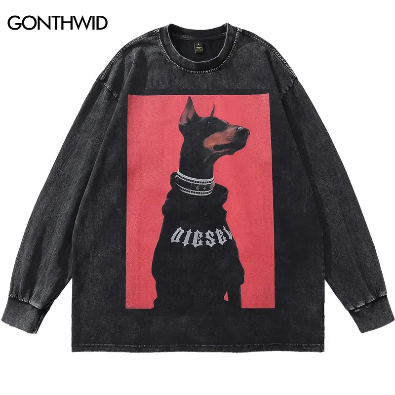 Vintage Oversized Shirts Streetwear Doberman Dog Graphic Printed Long Sleeve T-Shirt Hip Hop Harajuku Punk Gothic Cotton Tshirt