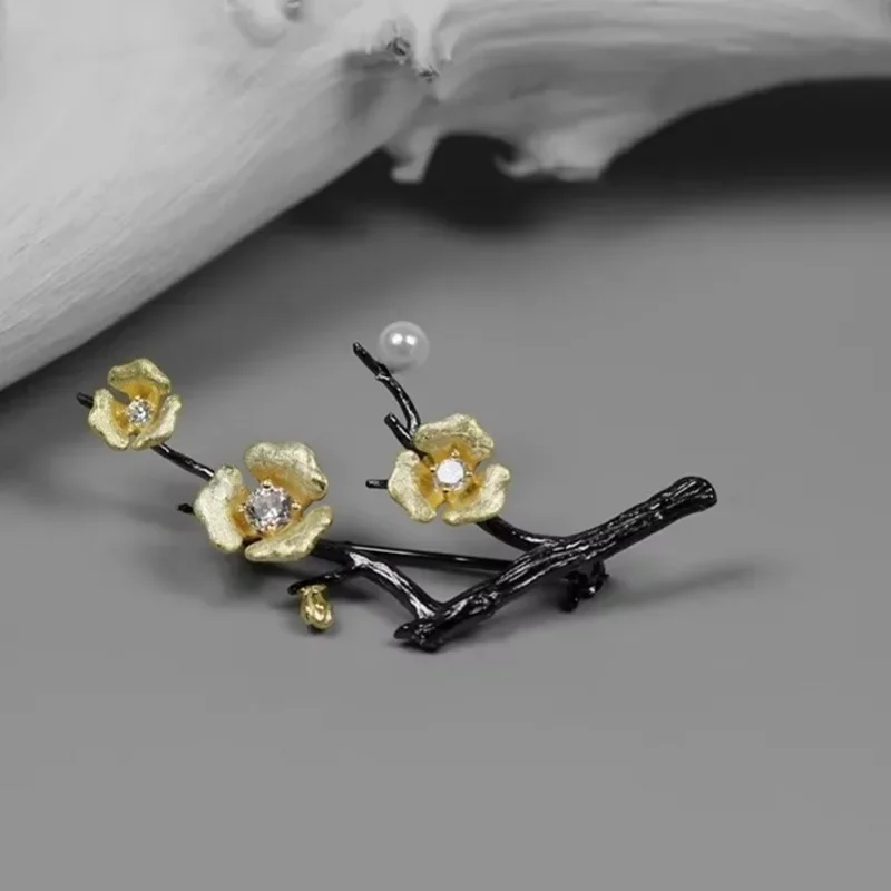 INATURE 18K Black Gold Plated Sterling Silver Flower Branch Brooches For Women Clothes Lapel Pins Jewelry