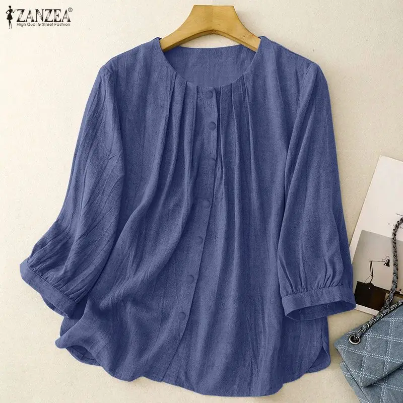 Vintage Shirts ZANZEA Autumn Spring Blouses Women Casual O Neck 3/4 Sleeve Tops Solid Buttons Down Blusas Mujer Femme Work Shirt