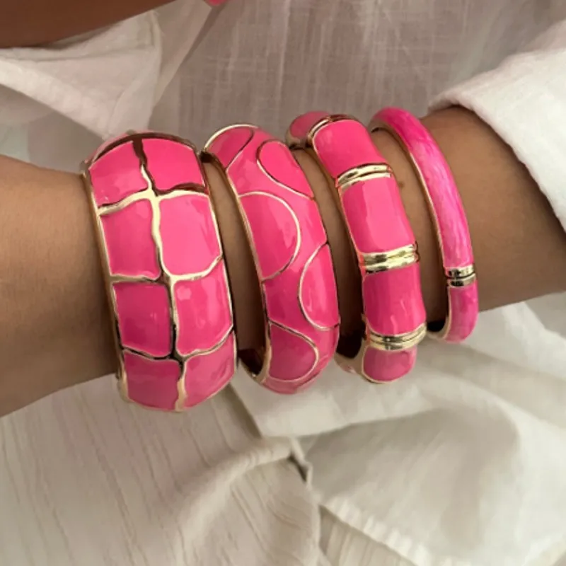 New Niche Punk Rose Dripping Oil Zinc Alloy Enamel Bangles Vintage Geometric Wide Cuff Spring Bracelets For Women Couple Jewelry