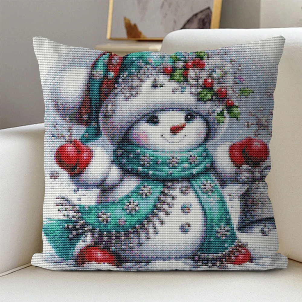 Snowman 11CT Cross Pillow Kit Bell Cartoon Full Embroidery Winter Printed Canvas Eco-Cotton Thread Handicraft Home Decor