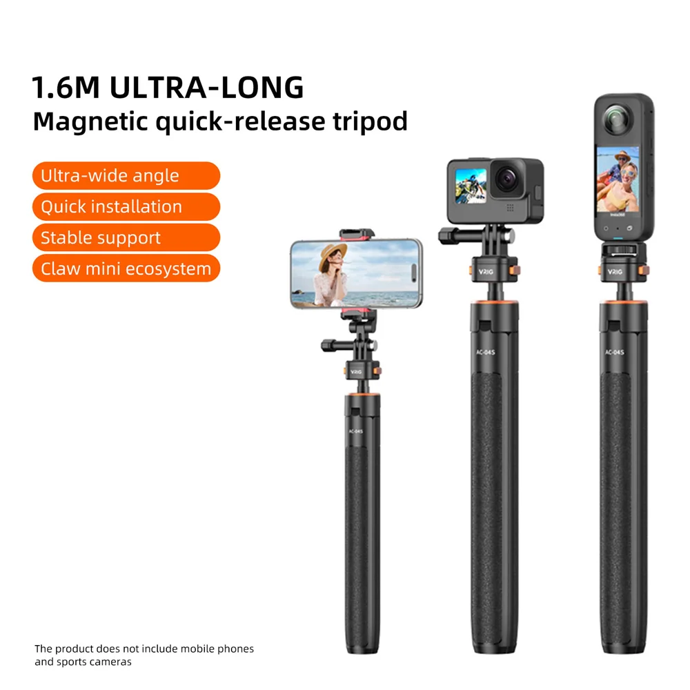 VRIG 63inch Magnetic Selfie Stick Tripod Magnet Quick Release Extended Tripod for GoPro 12 DJI OSMO Action 4/5 Insta 360X Camera