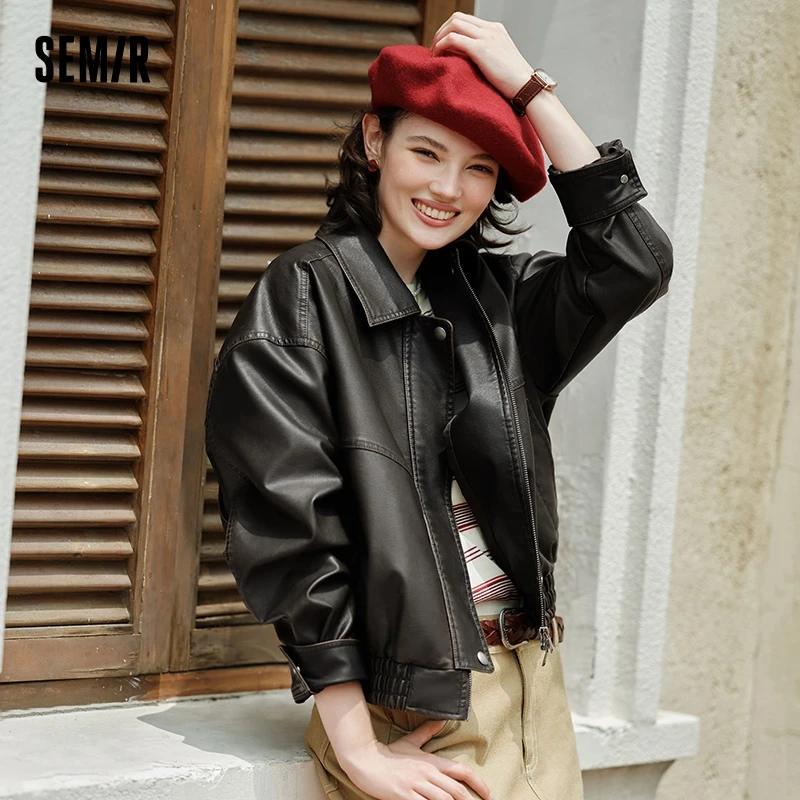 Semir Jacket Women PU Imitation Leather Vintage Personality 2024 Autumn New Trendy Street Loose Coat