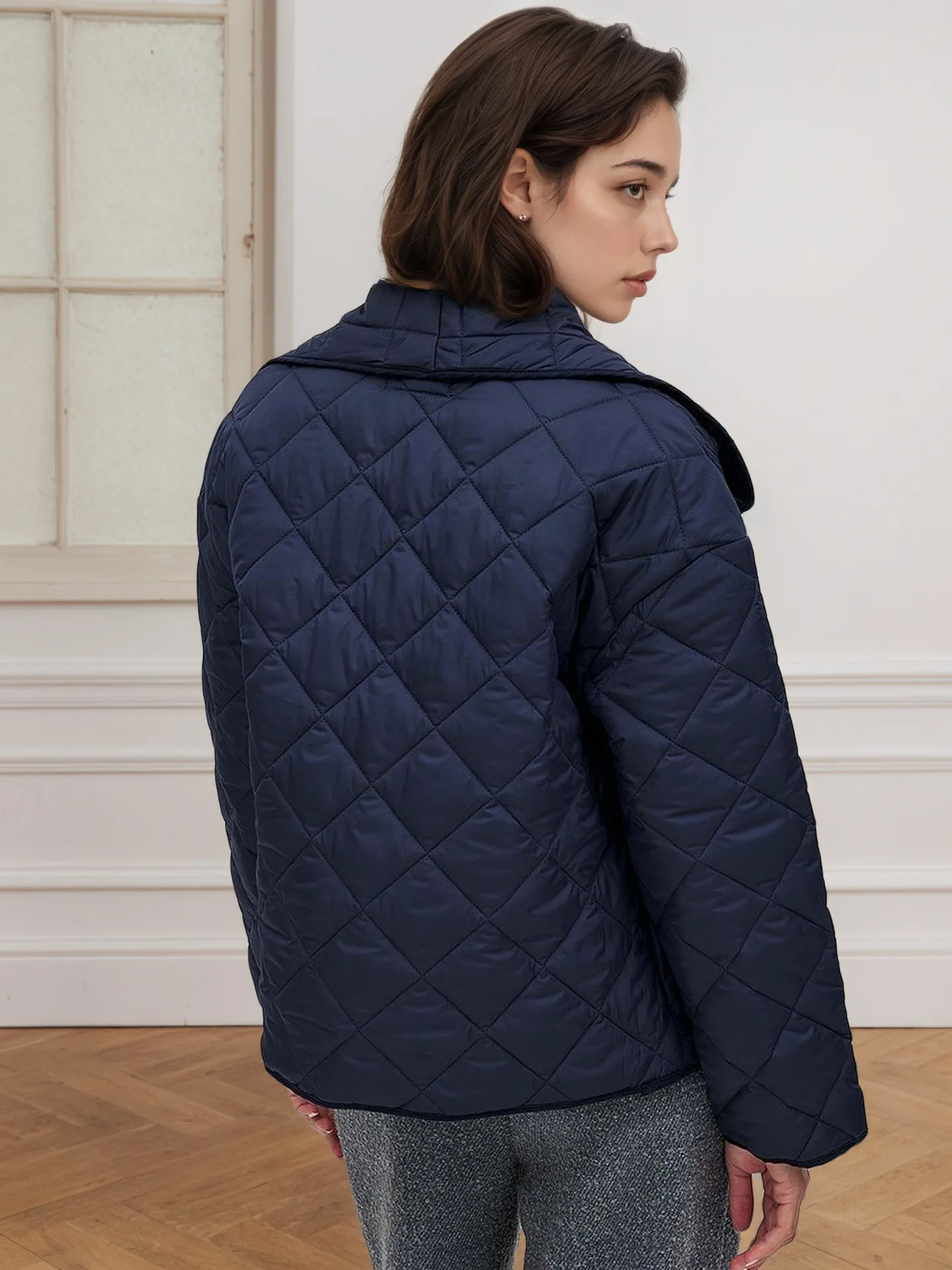 HZXVic Chaqueta de cuello grande a la moda para mujer, color azul marino, rejilla de diamantes, acolchada, corta, holgada, tono de algodón