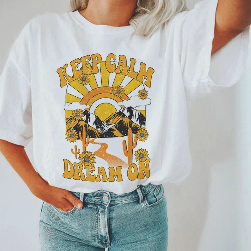 Dream On Quote Women's 70s Retro Boho T-Shirt Summer Oversized Vintage Western Graphic Tee Shirt Ladies Cute Hippie Tops Clothes