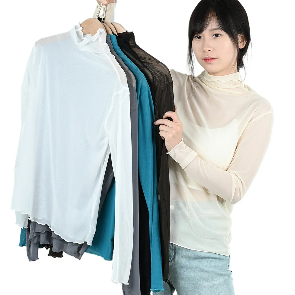 Sexy Women Mesh T Shirts See Through Transparent Tops Long Sleeve Sheer Slim Ladies Solid Turtleneck Silk T-Shirt Lace Crop Top