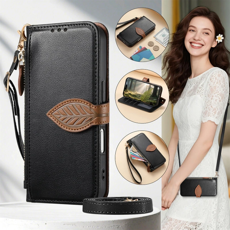 Card Holder Leather Case For Samsung Galaxy S26 Ultra S25 Edge S24 S23 FE Plus Girl Crossbody Wallet Flip Phone Cover Shockproof