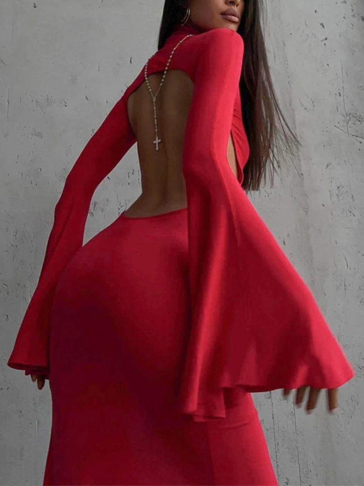 Sexy Turtleneck Flare Sleeve Backless Thigh-high Split Bodycon Long Dress Women Long Sleeved Maxi Dress Elegant Club Party