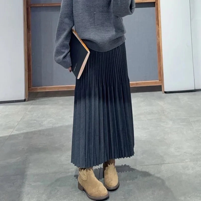 2026 Spring New Basic Pleated Loose High Waist A-line Midi Skirt Casual Solid Design Sense Fashion Streetwear Women Daily Wear