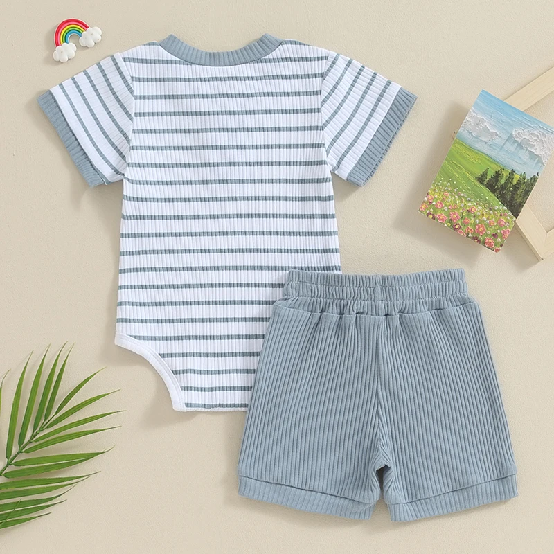 

Infant Baby Boy Girl Clothes Set Short Sleeve Ribbed Stripe Romper and Solid Shorts Sets 2Pcs Summer Outfits