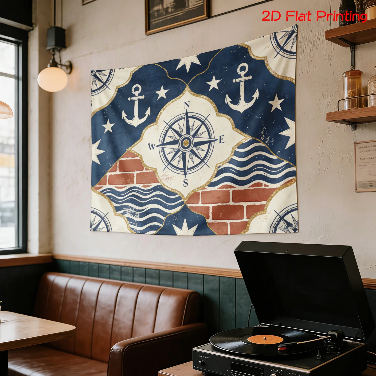 Nautical Compass Wall Hanging Tapestry Boho Marine Decor Sailor Anchor Waves Coastal Style Artwork Print Canvas Home Wall Decora