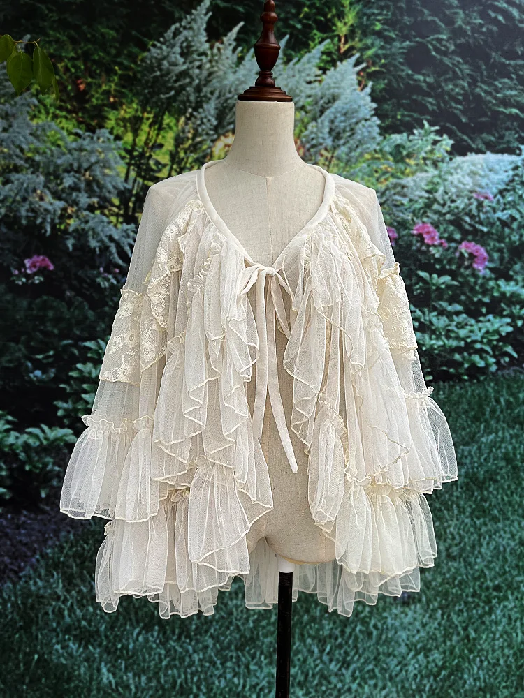 Falda de fiesta de princesa gótica Lolita para mujer, malla de encaje, volantes, cortina Linda asimétrica, transparente, delgada, larga, Blanca