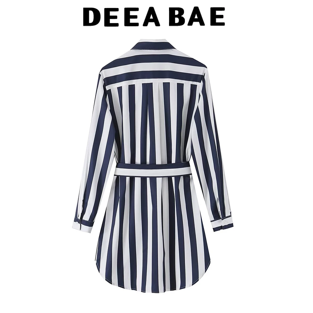 DEEABAE Summer new women's simple casual long sleeved shirt with waistband and waist cinching pure cotton striped shirt