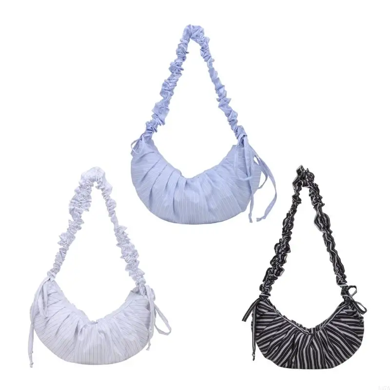 

Элегантная полосатая сумка для плеча с плиссированной закрытием шнурки и регулируемыми мешками для ремня для женщин ежедневно