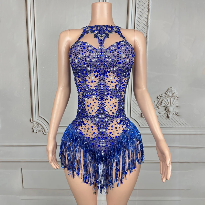 Women Singer Music Festival Outfits Blue Rhinestones Fringed Bodysuit Gogo Dancer Costume Bar Nightclub Dj Ds Stage Wear XS8720