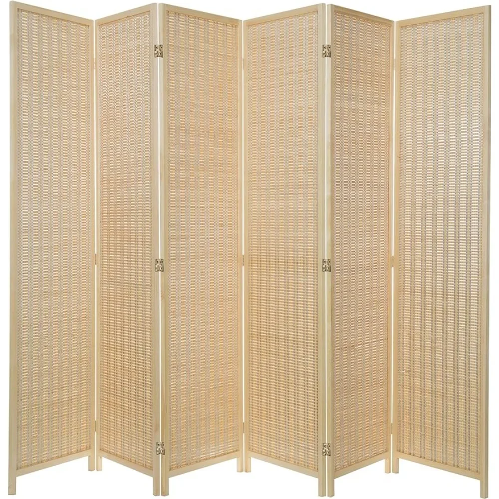 Beige Folding Partition Wall Dividers Divider for Room Separation Woven Bamboo 6 Panel Room Divider Screen Partition Partitions