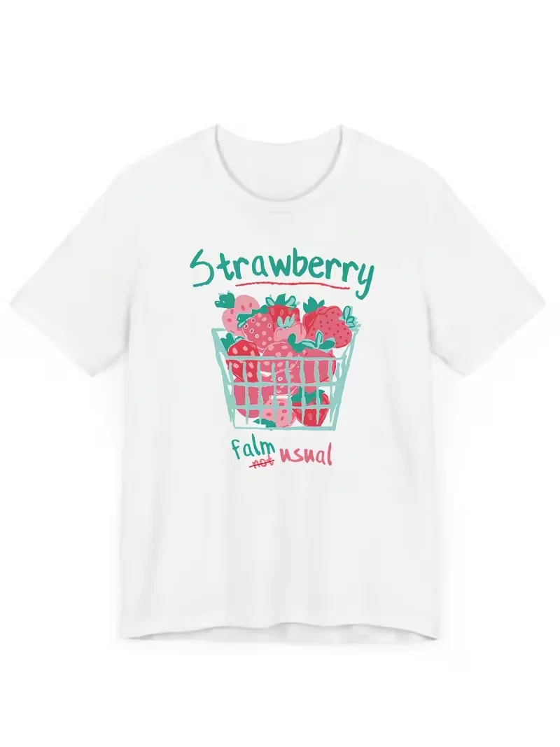 Unisex Cute Strawberry Basket Graphic T-Shirt, Kawaii Korean Breakfast Print Casual Soft Short Sleeve Top