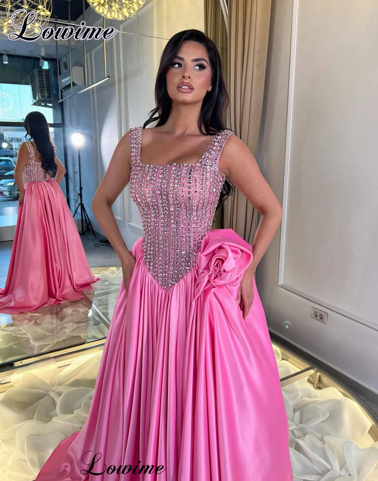 Newest Hot Pink Celebrity Dresses A-Line Spaghetti Crystals Red Carpet Runway Dresses Evening Gowns Vestidos De Gala Customized