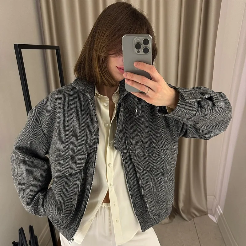 Stand Collar Black Tweed Jacket Zippers Striped Loose Coats Casual Street Fashionable Offce Lady New Short Outerwears for Ladies
