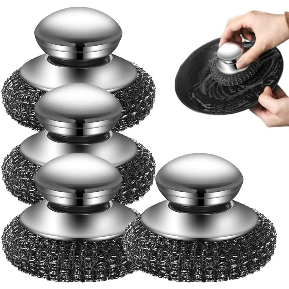 

Новинка 2025 года, скребок из стальной шерсти, скребок для посуды из нержавеющей стали с ручкой для чистки посуды, железных горшков, плит, раковины (4 шт.