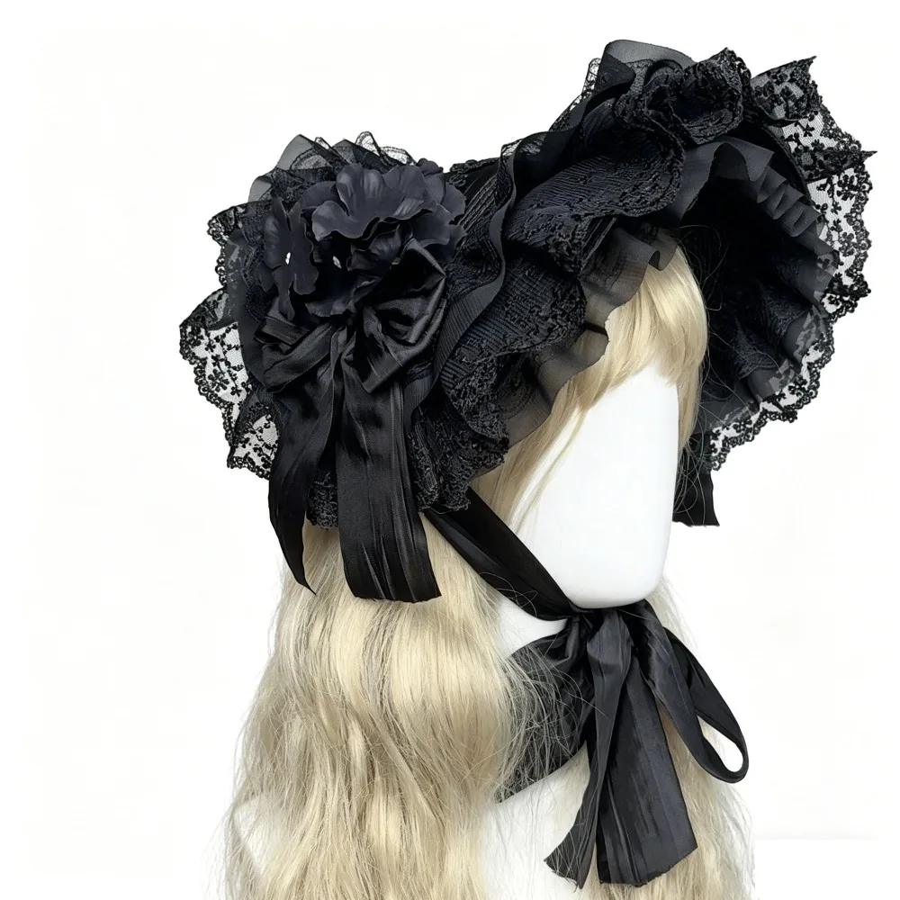 

Готическая соломенная шляпа в стиле Лолита, черная, с кружевом и цветами, плоская шляпа-боннет, винтажный викторианский головной убор для чаепития, черный головной убор на Хэллоуин