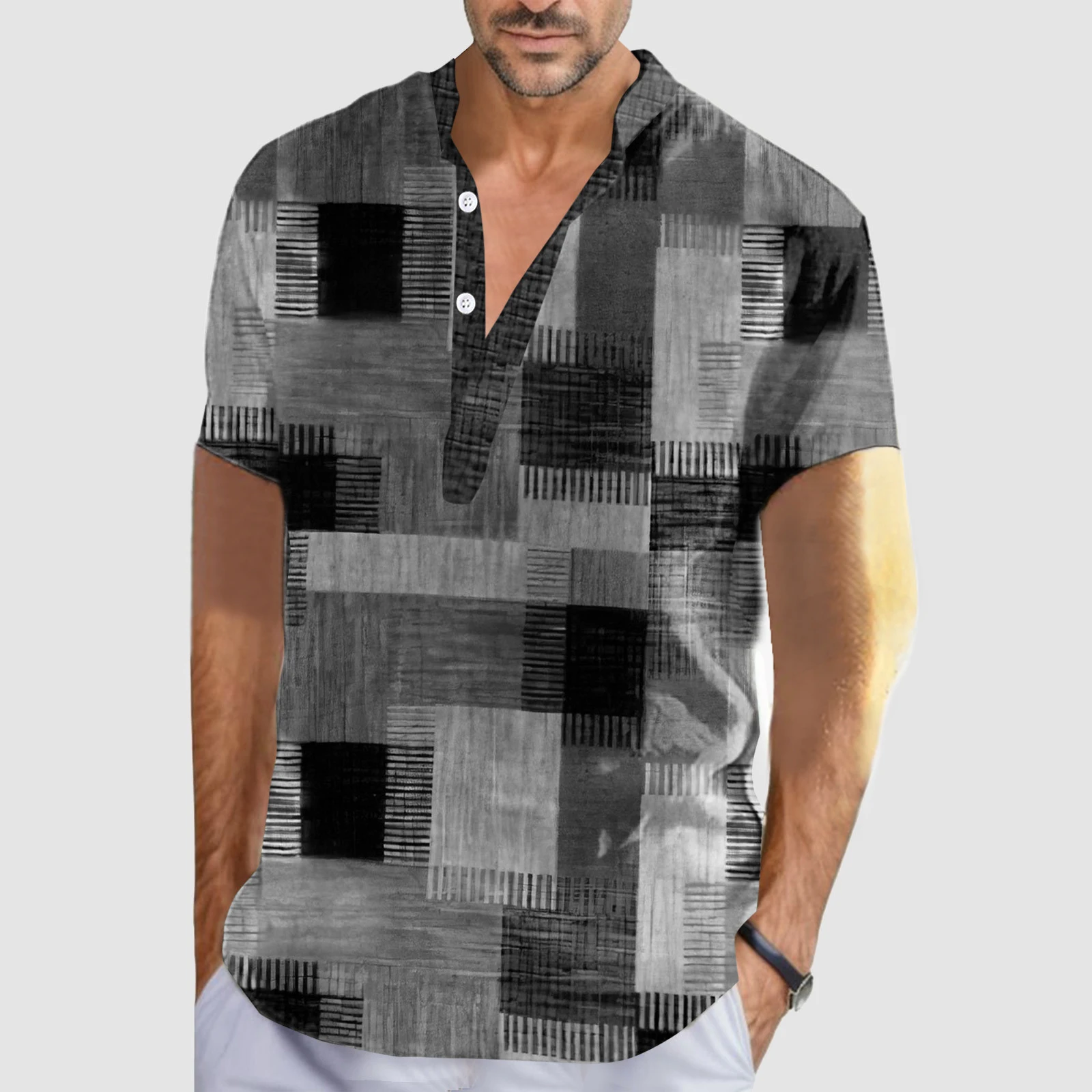Color Block Patchwork 3D Print Henley Shirts Men\'s Vintage Button Stand Collar Short Sleeve T Shirt Male Tees Tops Man Clothing