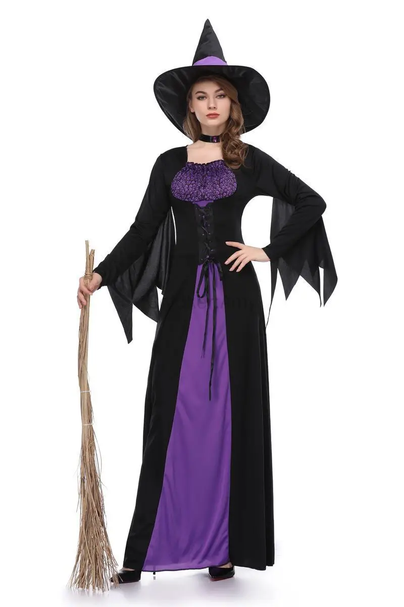 Scary Halloween Costumes Woman Gothic Witch Cosplay Costumes Vampire Carnival Party Purple Deluxe Long Robe Set with Hat