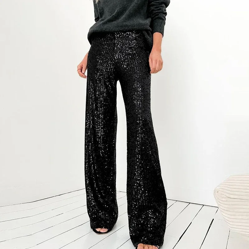 

Women Sexy Glitter Sequin Shiny Party Pants Spring High Waist Slim Straight Trousers Summer Wide Leg Pants Office Lady Sweatpant