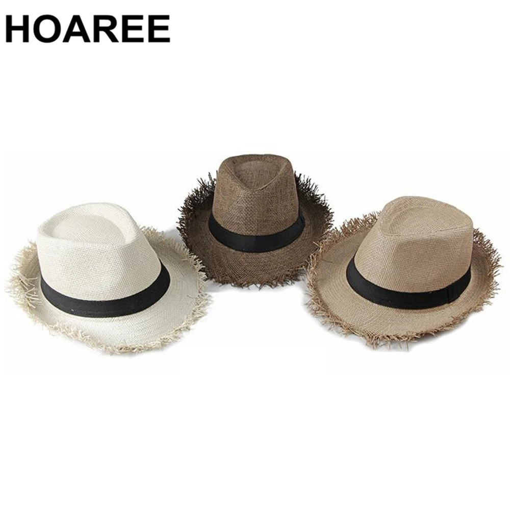 HOAREE Beach Hat Men Summer Panama Cap Casual Trilby Fedora Hat Male Straw Hat UV Protection Wide Brim Sombrero