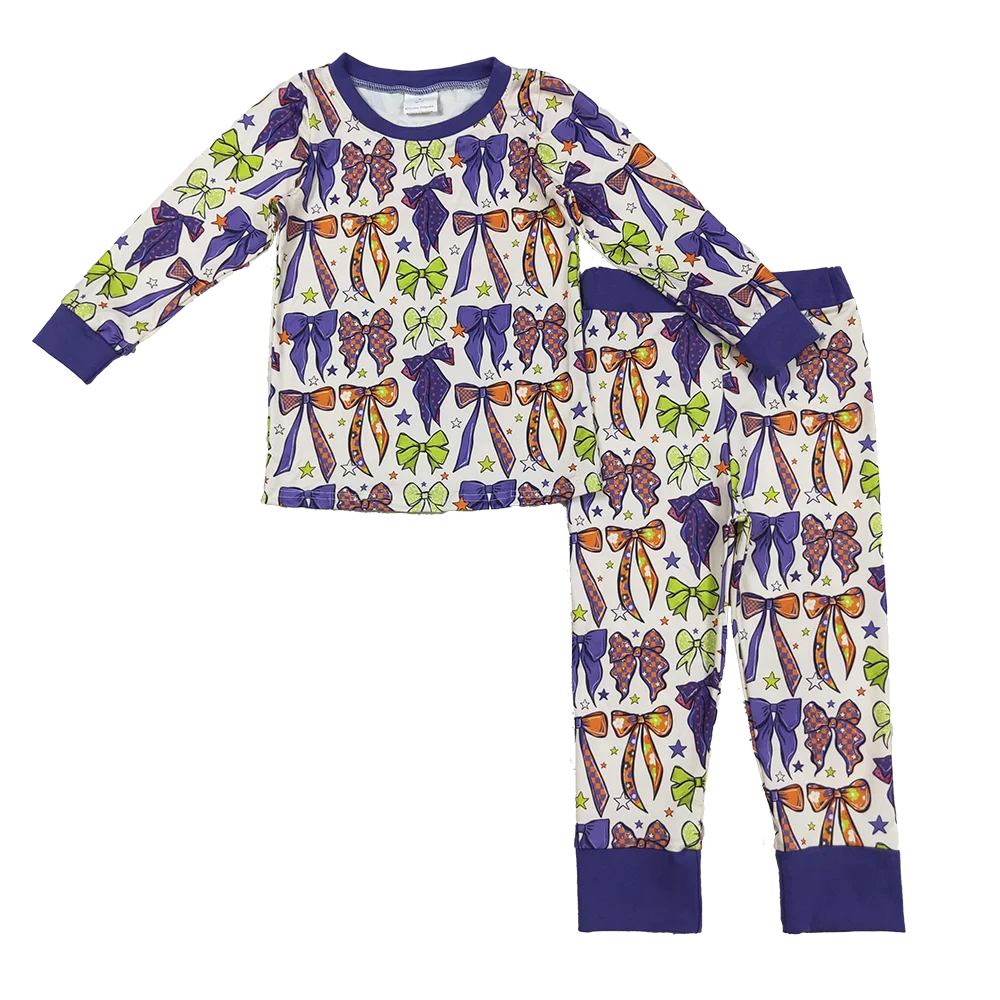 

8.15 Autumn Wholesale Western Boutique children Baby Girls Purple Green Bows Stars Plaid Top Pant Pajamas Set