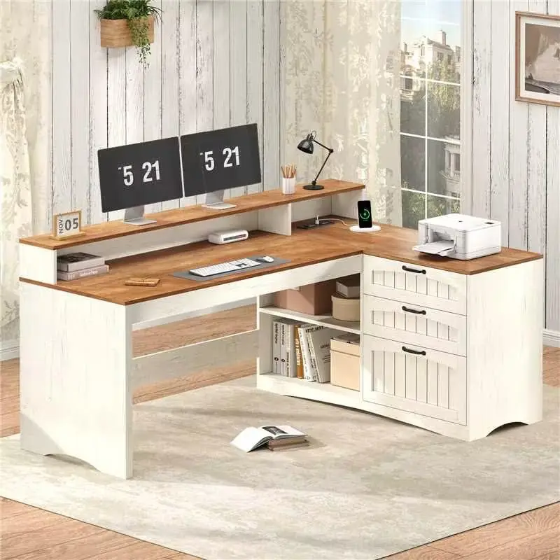 

Farmhouse L Shaped Desk, 61" Home Office Desk with Drawers and Storage Shelves, L Shaped Computer Desk with Power, Customized