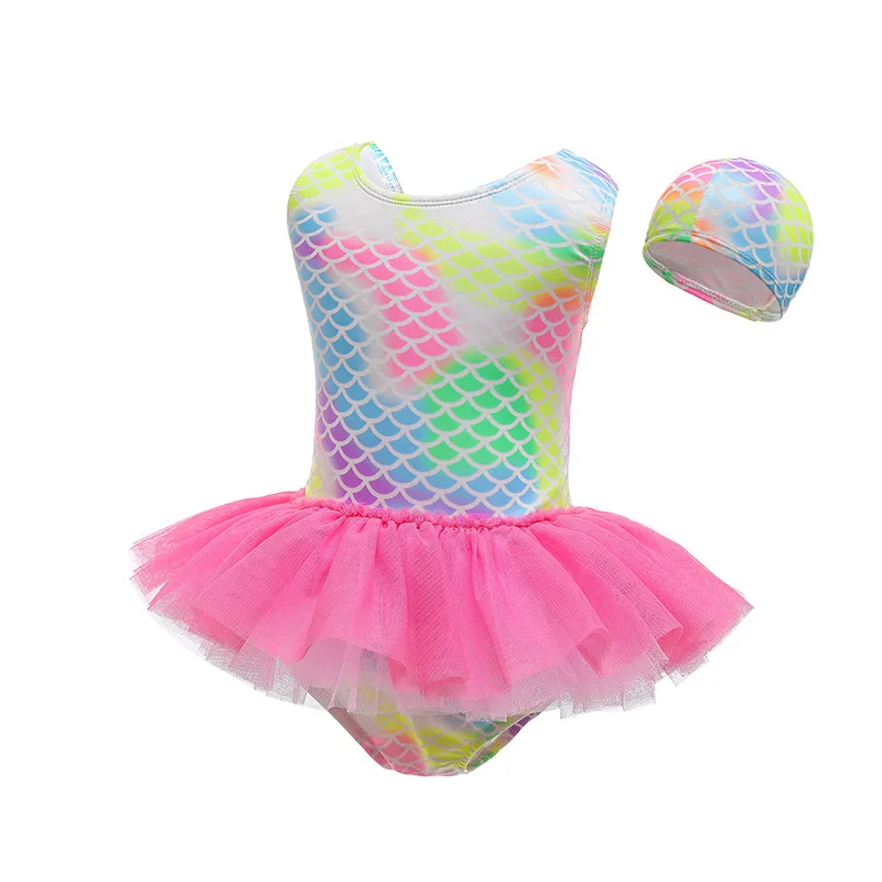 Girl TUTU Dress Swimsuits Sparkly Design Kids Beachwear With Swimcap Size 100-140 Little Girl Summer Beach Suits