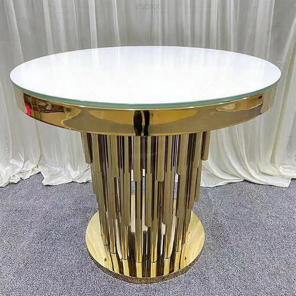 FSDKX Modern Luxury Gold Wedding Cake Table Round White Glass Metal for Outdoor Hotel Wedding Dining Furniture