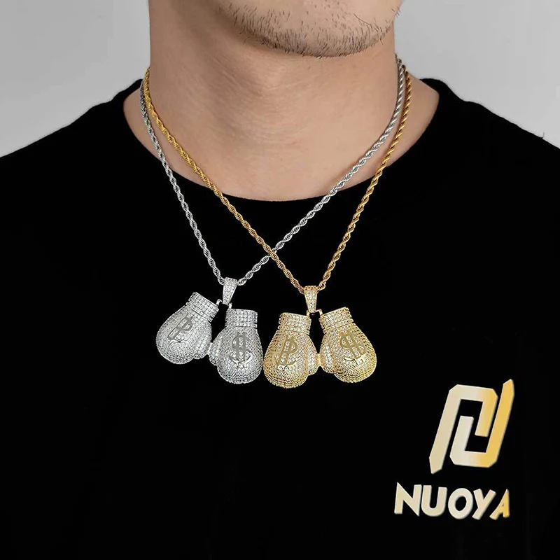 Hip Hop 3A+ CZ Stone Paved Bling Iced Out Boxing Glove Pendant Necklace for Men Rapper Jewelry Gold Silver Color