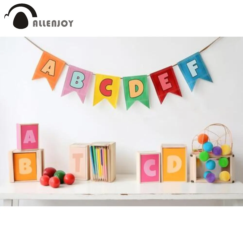 

Allenjoy Colorful Alphabet Letters Banner Photography Backdrop Pencils Balls Toys Photoshoot Background