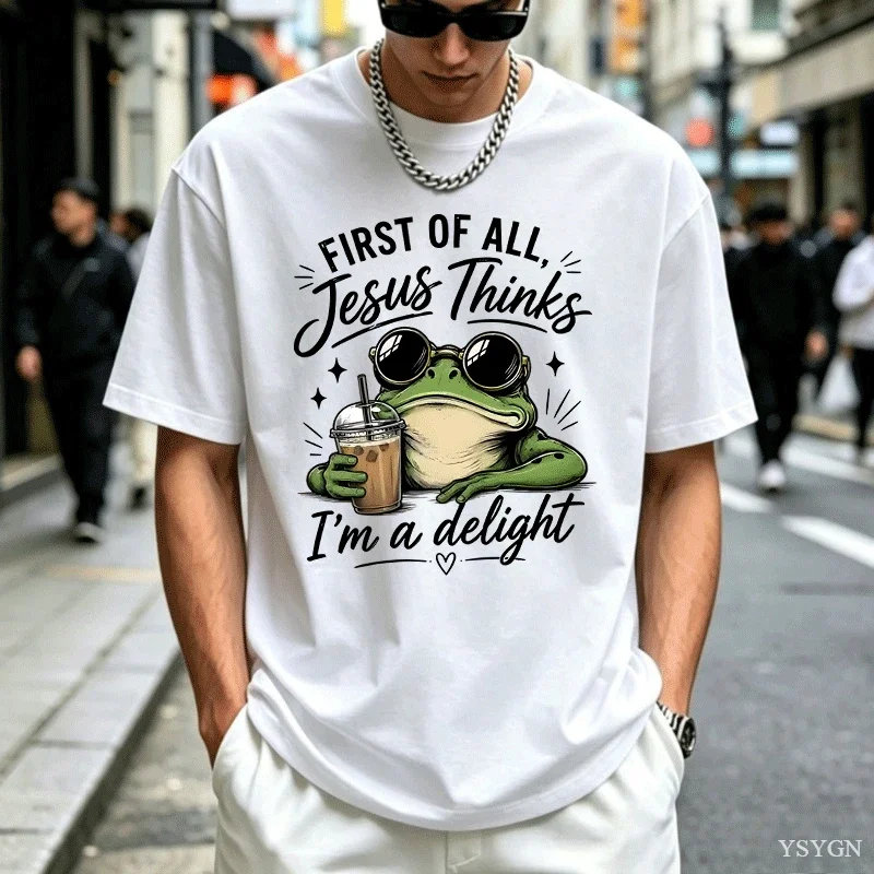 First of All Jesus Thinks I'm A Delight T-shirt Funny Christian Frog Graphic T Shirts Coffee and Jesus Tshirt Faith Cotton Tops