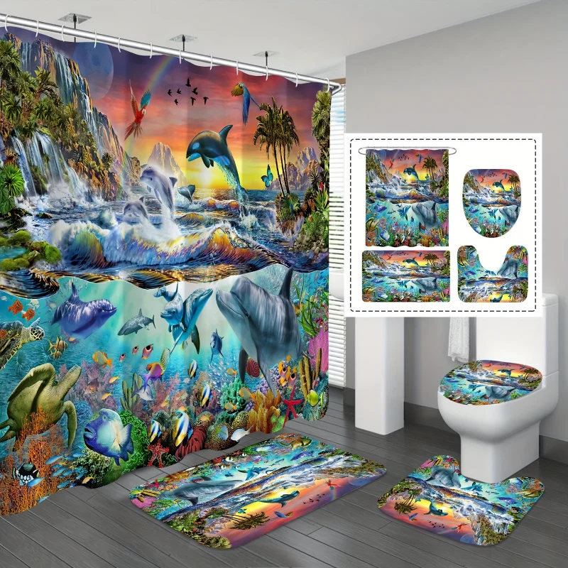 1/4PCs waterproof Ocean dolphins shower curtain set with non-slip bath rug, U-shape mat, toilet lid cover pad, 12 hooks, fishes