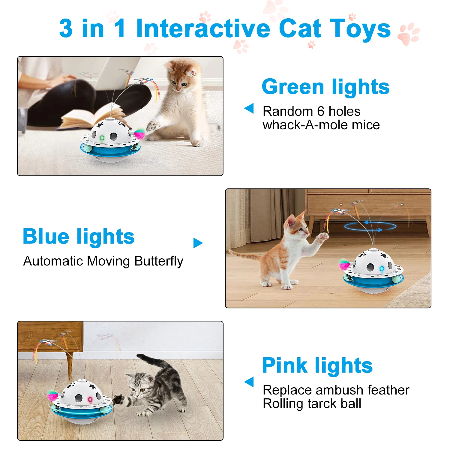 3 in 1 Automatic Cat Toy Electric Fluttering Butterfly + Rotating Track Balls + Ambush Feather, Interactive Fun Pet Toys Indoor